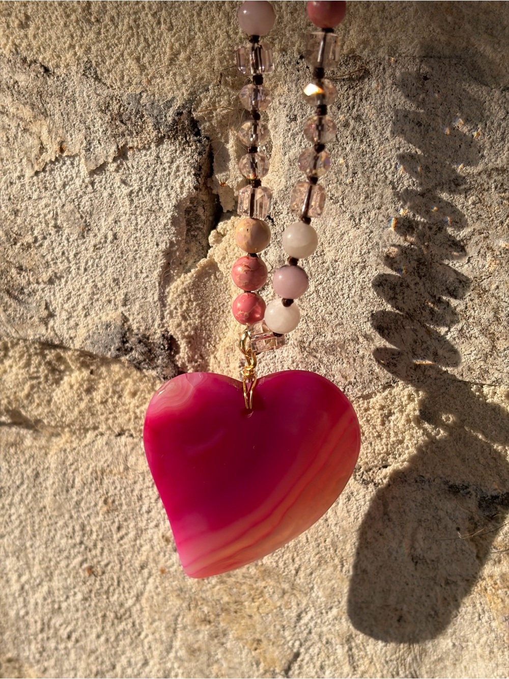 Hand Crafted Hot Pink and Light Pink  Natural Stone Heart Pendant Necklace